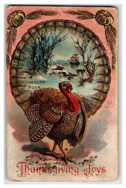 Vintage Thanksgiving Turkey Plymouth Rock Mayflower Ship Postcard S. 501-A